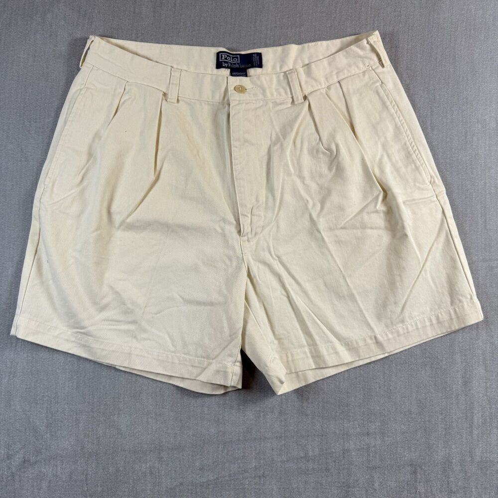 Polo Ralph Lauren Mens Cream Andrew Short Double Pleated Cotton Chino 36 Vintage